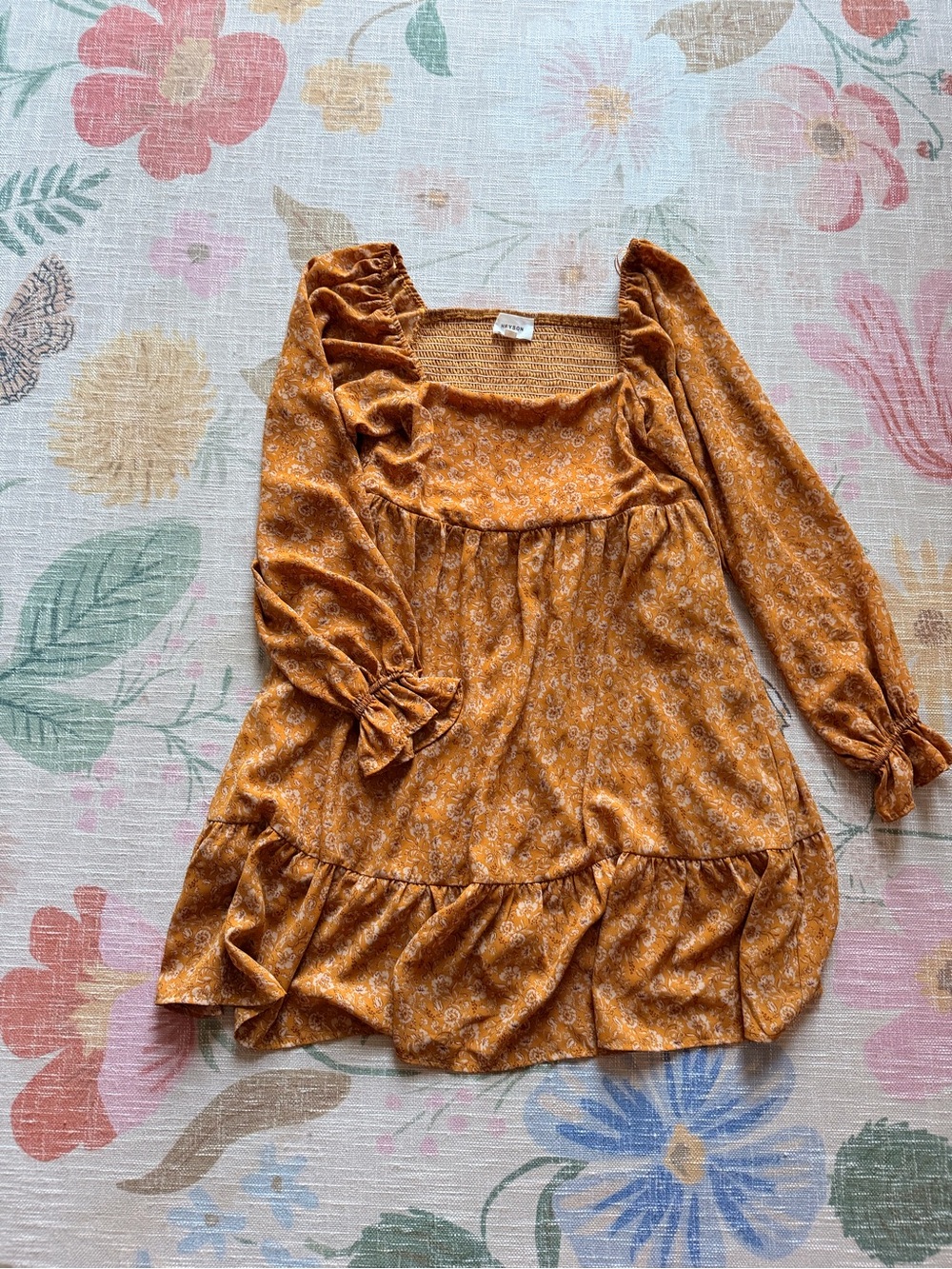 Floral Mustard Square-Neck Mini Dress with Ruffle Hem